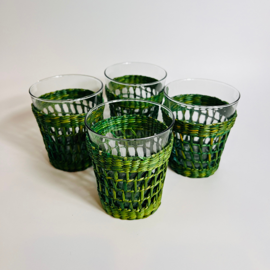 Vintage Green Wicker Tumblers – Set of 4