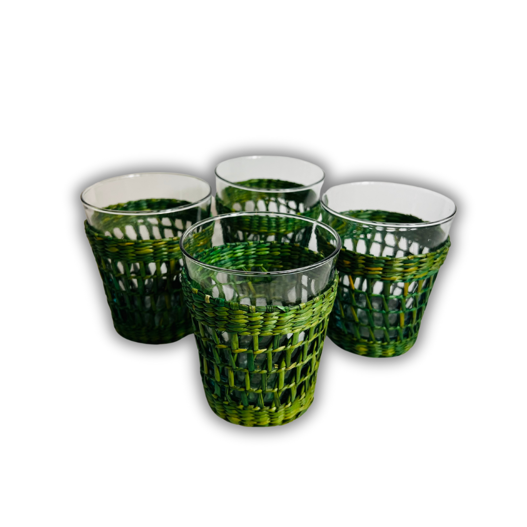 Vintage Green Wicker Tumblers – Set of 4
