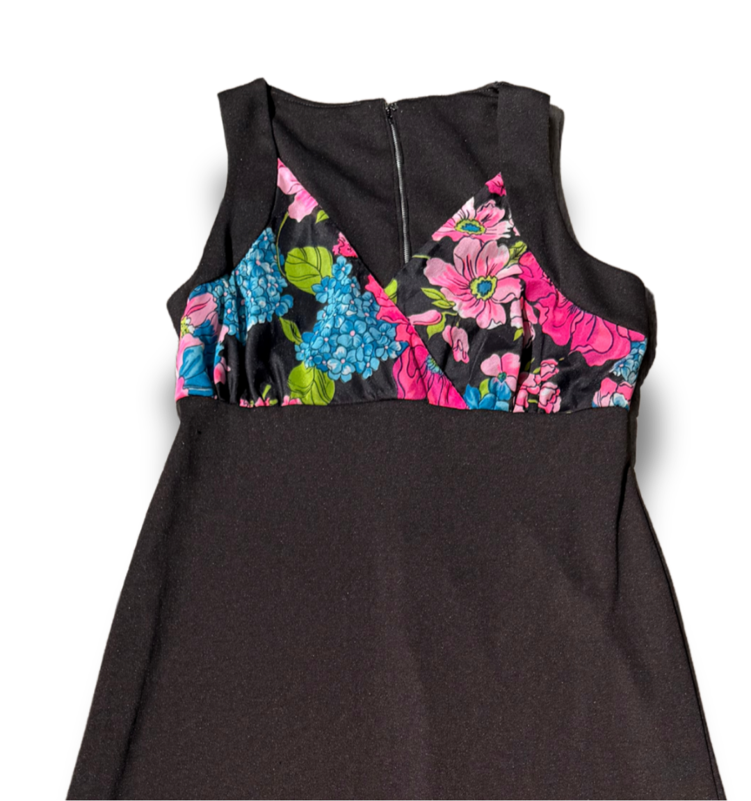 1960s Bright Floral + Black Maxi Dress Voluptuous + Curvy Friendly