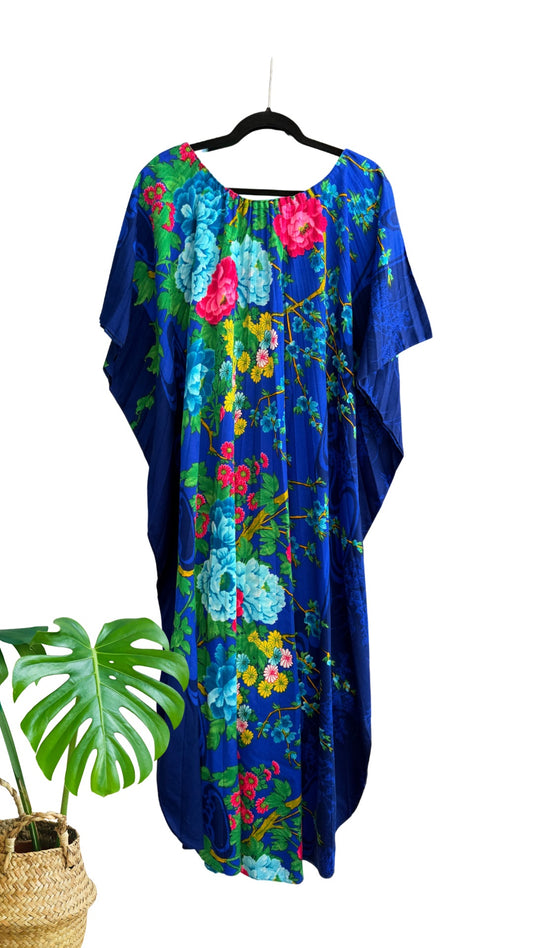 1970s Cobalt Garden Pleated Kaftan