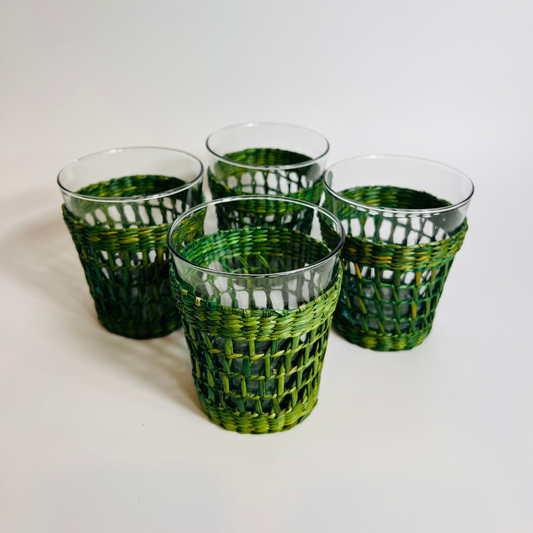 Vintage Green Wicker Tumblers – Set of 4