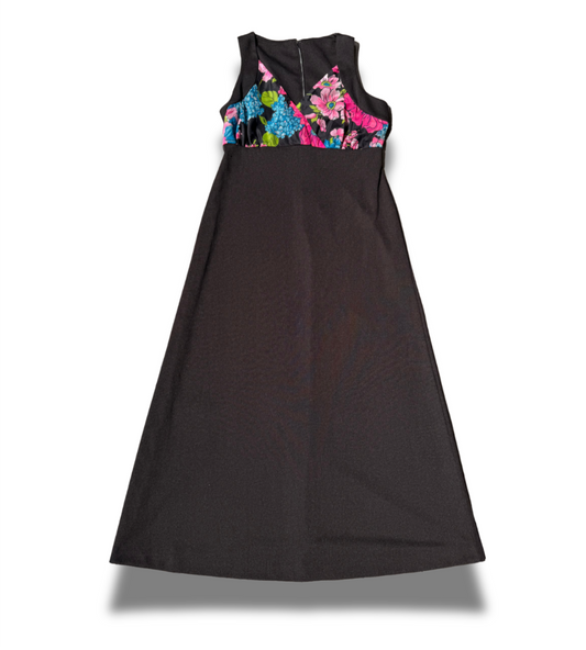 1960s Bright Floral + Black Maxi Dress Voluptuous + Curvy Friendly