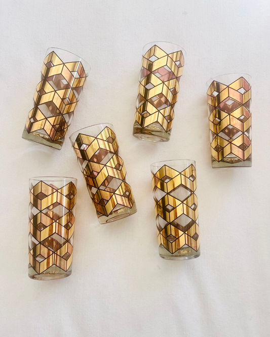 Vintage Culver Gold Geometric Tumblers – Set of 6