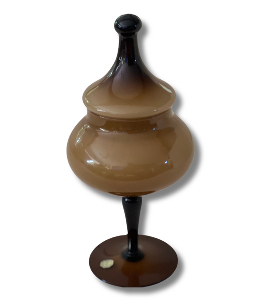 Empoli Mid-Century Circus Tent Candy Jar  
Warm Amber Glass with Deep Espresso Black Stem