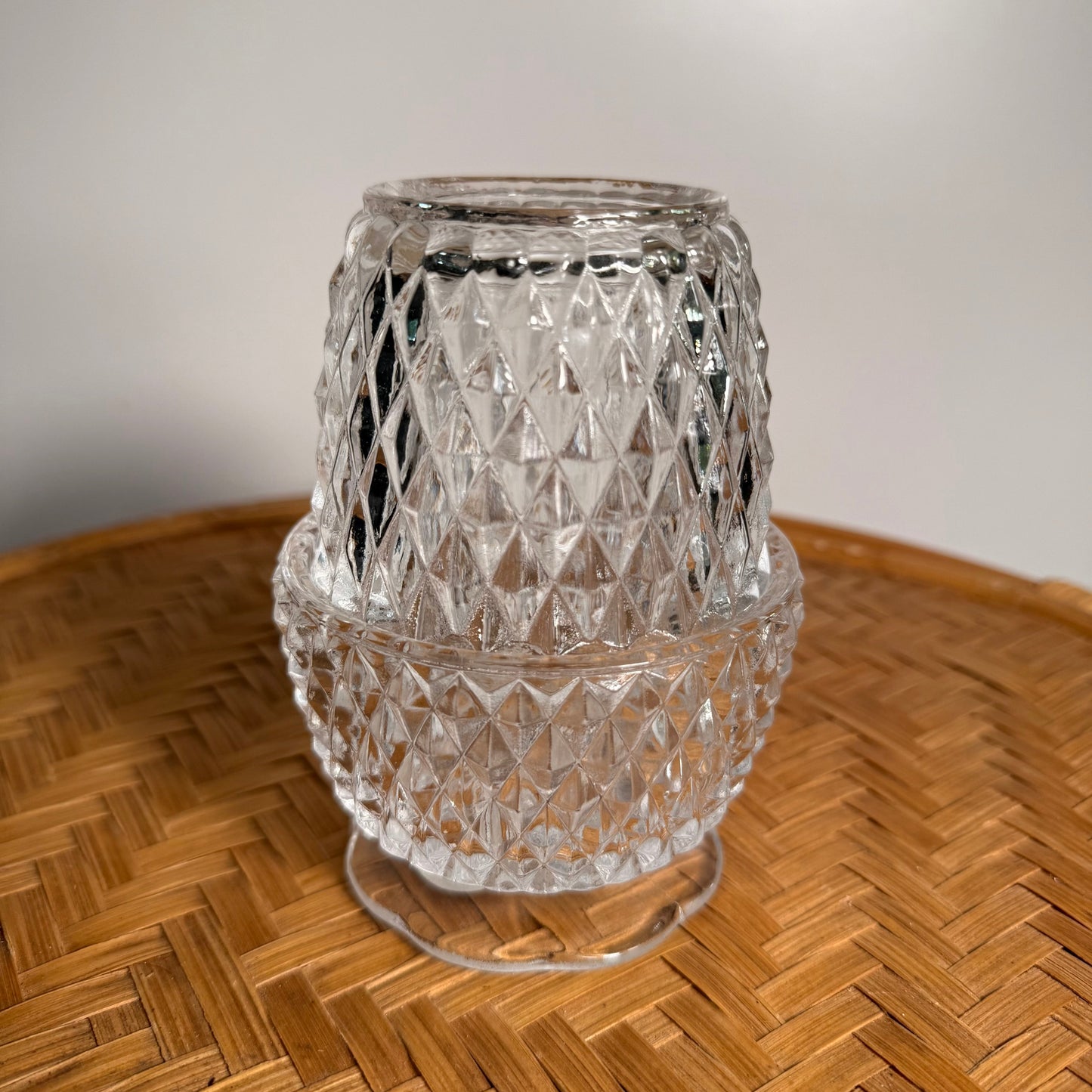 Two-piece clear glass fairy lamp with diamond point texture, vintage Indiana Glass