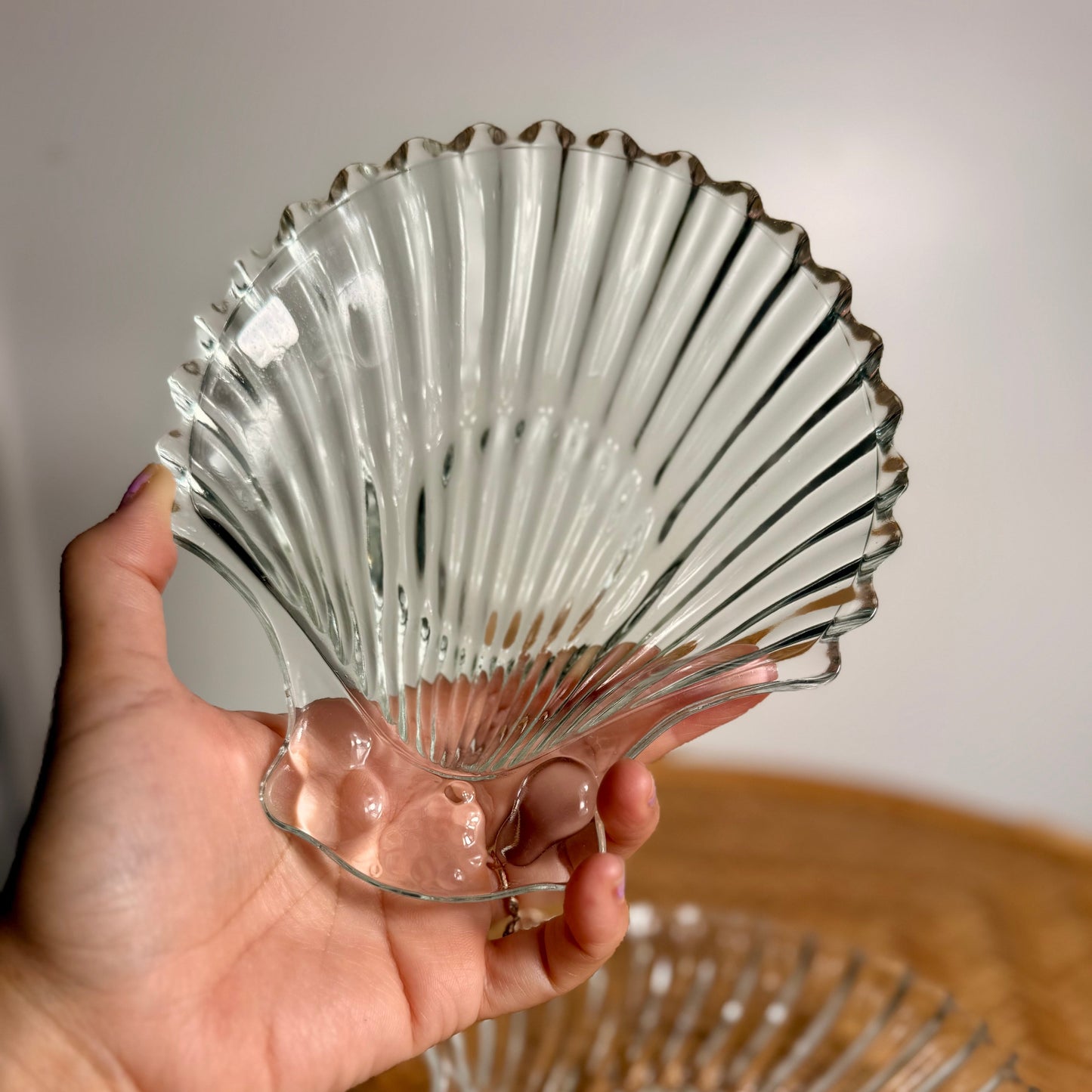 Pair of clear glass seashell-shaped dishes, vintage Fitz and Floyd serving or trinket bowls