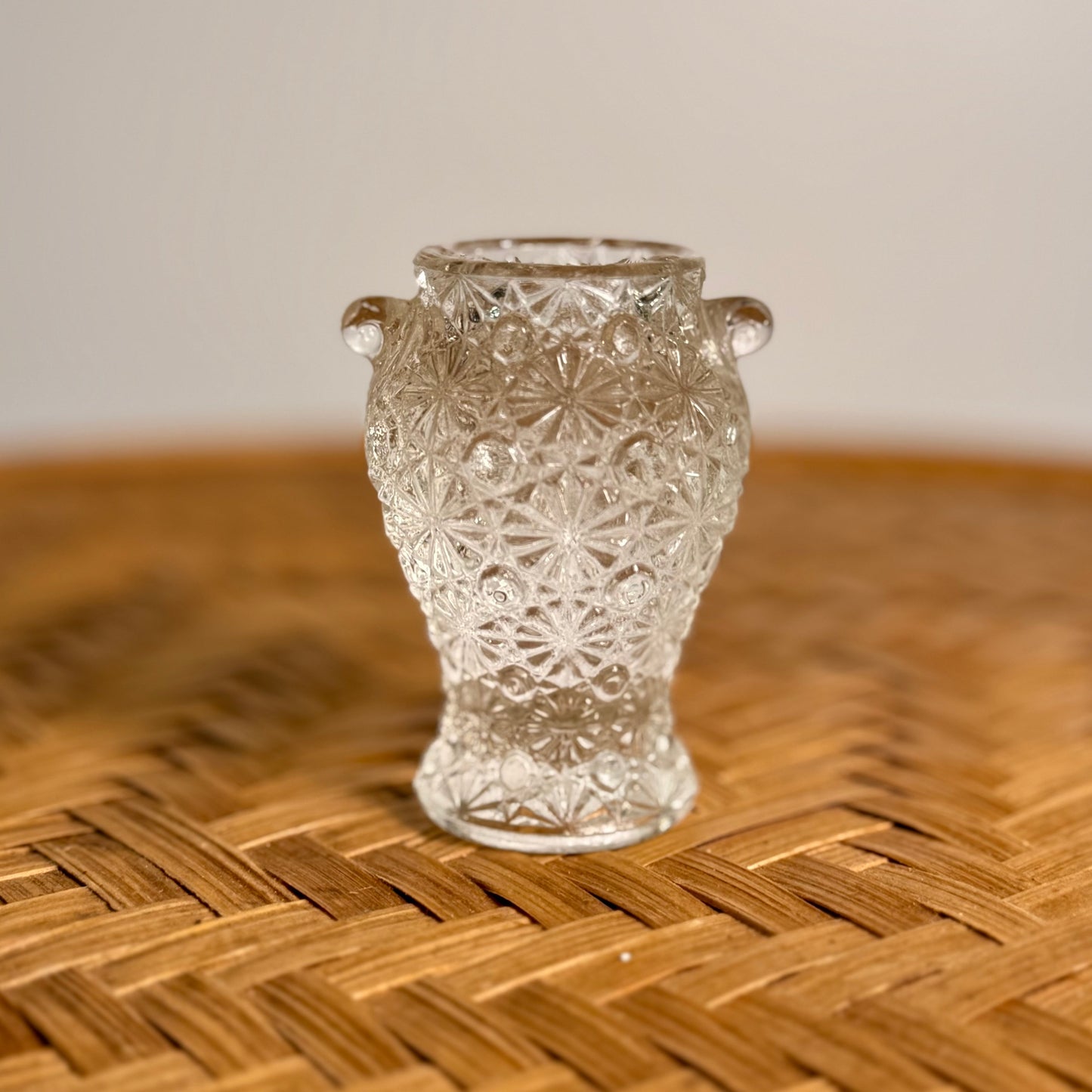 Small clear pressed glass vase in daisy and button pattern, vintage LE Smith toothpick holder.
