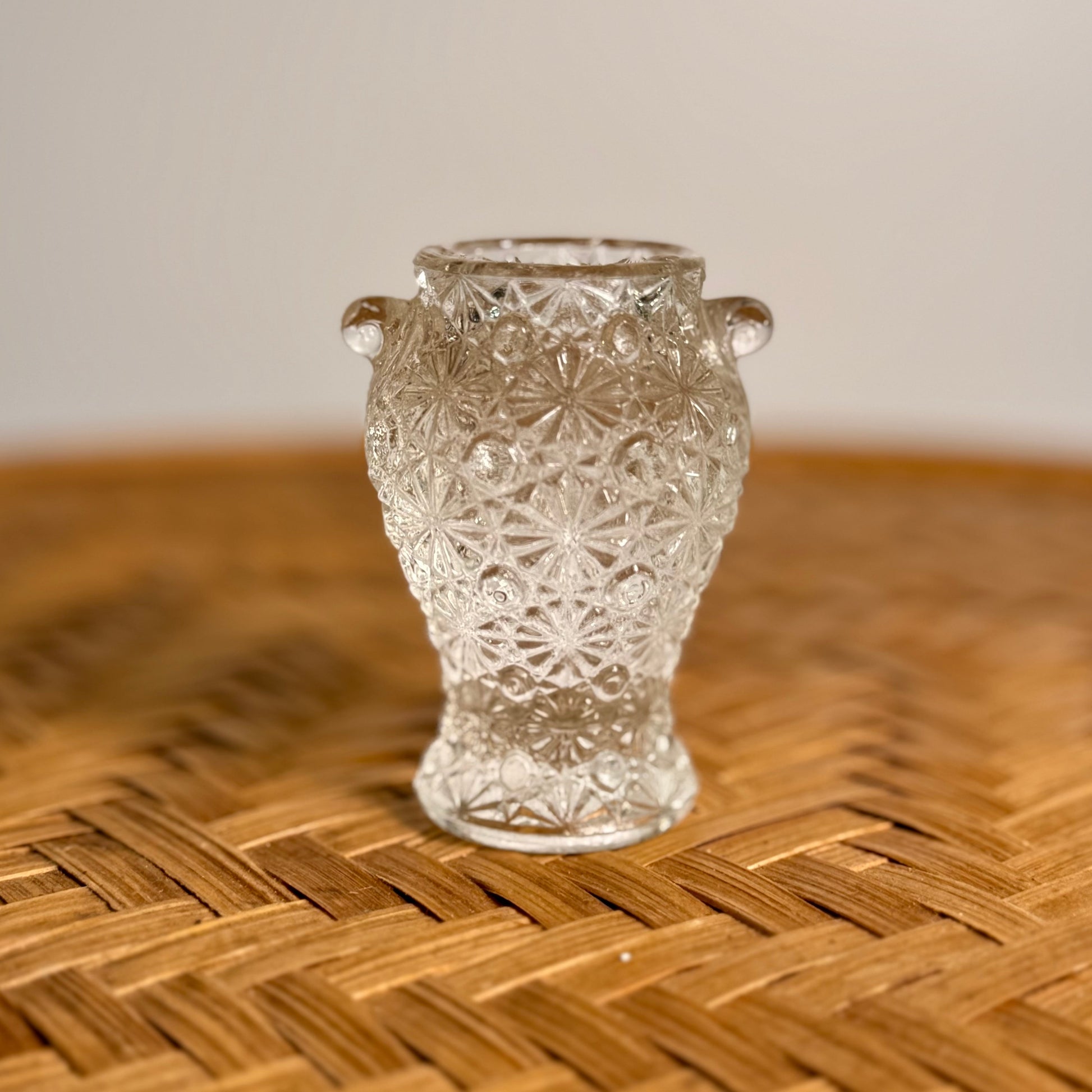 Small clear pressed glass vase in daisy and button pattern, vintage LE Smith toothpick holder.