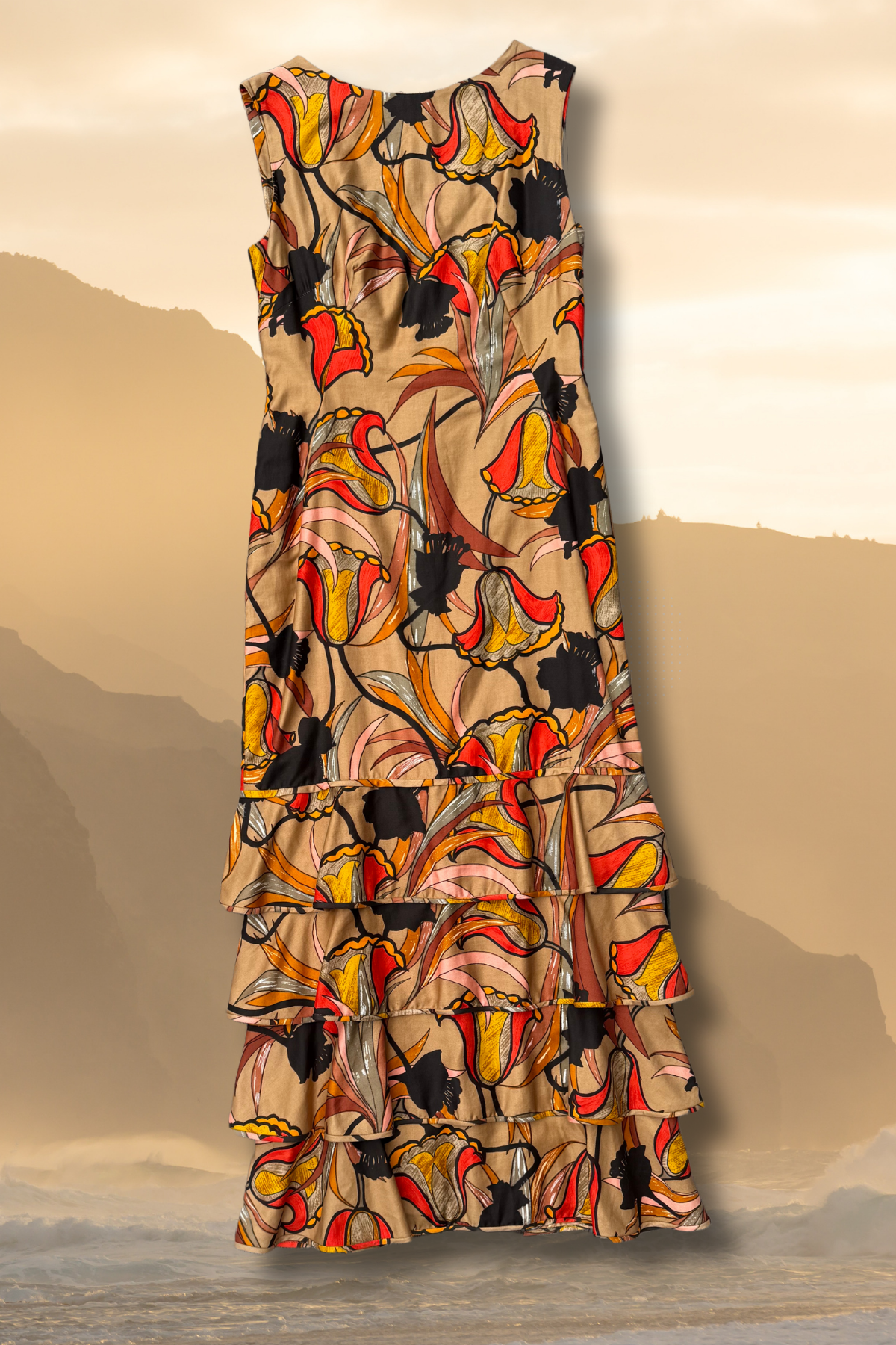 Sunset Florals Vintage Hawaiian Tiered Dress by Malia